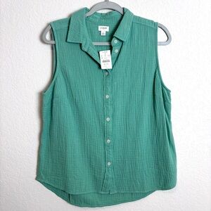 NWT J. Crew Green Gauze Cotton Button Down Sleeveless Shirt Women’s Large Garden